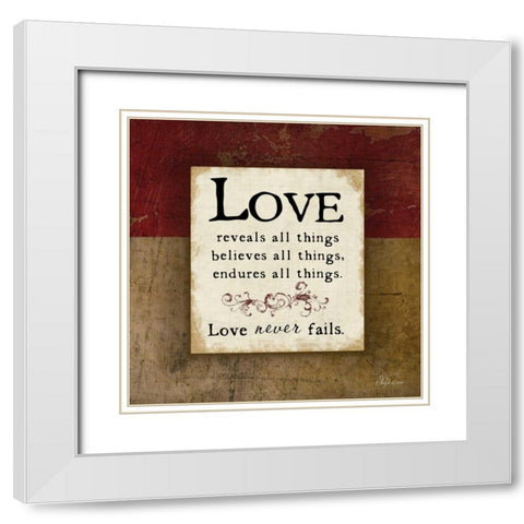 Love Never Fails White Modern Wood Framed Art Print with Double Matting by Pugh, Jennifer