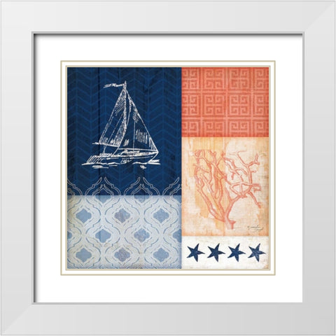 Coral and Navy Coastal II White Modern Wood Framed Art Print with Double Matting by Pugh, Jennifer