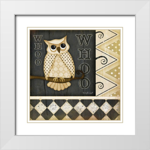 Whoo Owl White Modern Wood Framed Art Print with Double Matting by Pugh, Jennifer