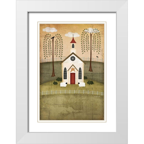 Primitive Church White Modern Wood Framed Art Print with Double Matting by Pugh, Jennifer