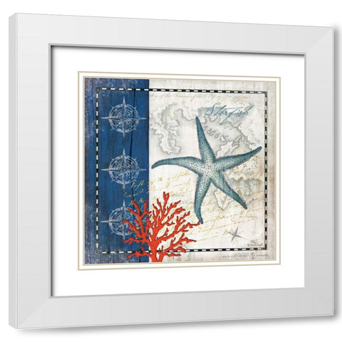 Coastal Blue Starfish White Modern Wood Framed Art Print with Double Matting by Pugh, Jennifer