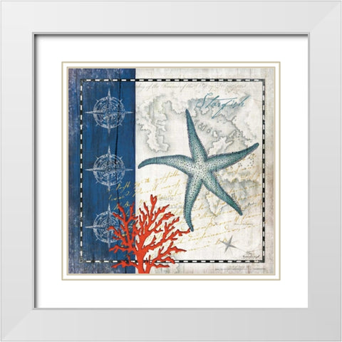 Coastal Blue Starfish White Modern Wood Framed Art Print with Double Matting by Pugh, Jennifer