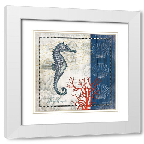 Coastal Blue Seahorse White Modern Wood Framed Art Print with Double Matting by Pugh, Jennifer