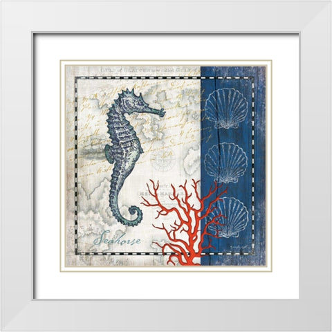 Coastal Blue Seahorse White Modern Wood Framed Art Print with Double Matting by Pugh, Jennifer
