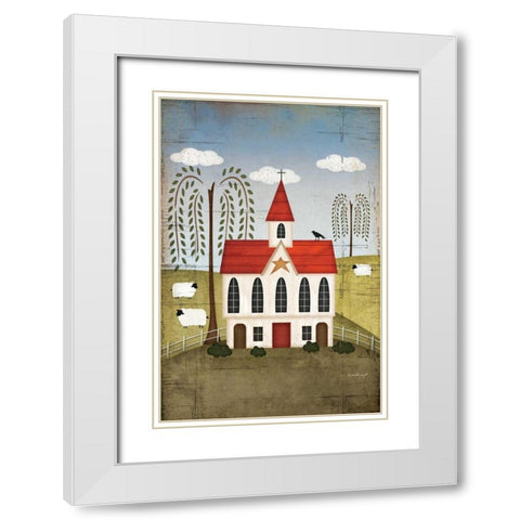 Primitive Church White Modern Wood Framed Art Print with Double Matting by Pugh, Jennifer