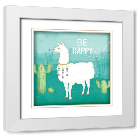 Be Happy Llama White Modern Wood Framed Art Print with Double Matting by Pugh, Jennifer