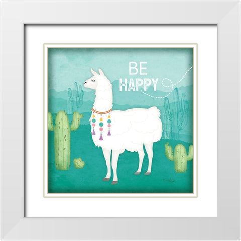 Be Happy Llama White Modern Wood Framed Art Print with Double Matting by Pugh, Jennifer