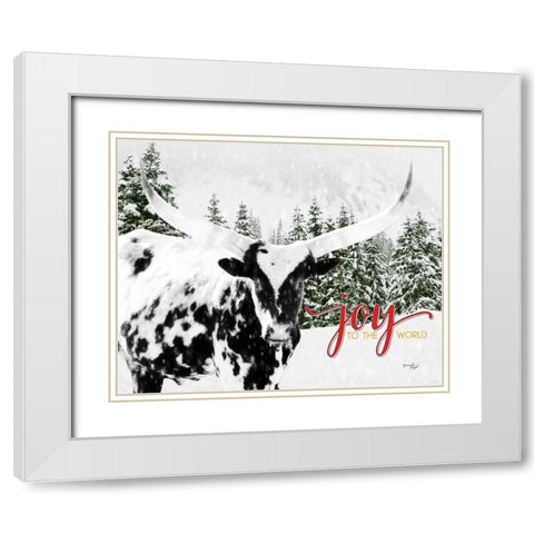 Joy to the World Longhorn White Modern Wood Framed Art Print with Double Matting by Pugh, Jennifer