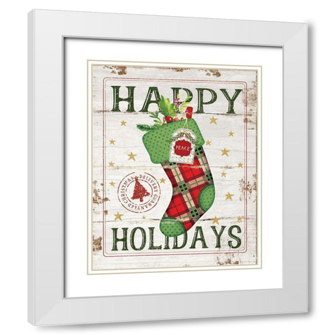 Happy Holidays Stocking White Modern Wood Framed Art Print with Double Matting by Pugh, Jennifer