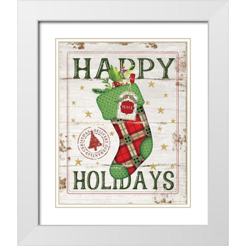 Happy Holidays Stocking White Modern Wood Framed Art Print with Double Matting by Pugh, Jennifer