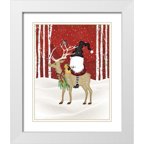 Gnome Riding Deer White Modern Wood Framed Art Print with Double Matting by Pugh, Jennifer