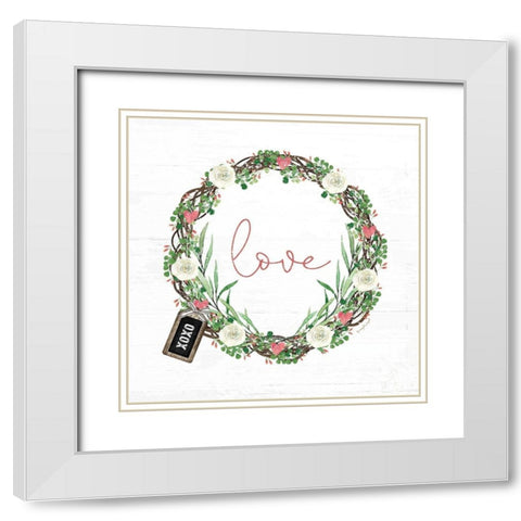 Pink Love Wreath White Modern Wood Framed Art Print with Double Matting by Pugh, Jennifer