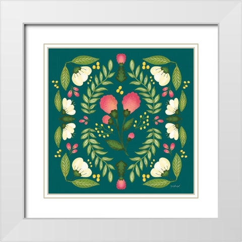 Folk Floral in Teal White Modern Wood Framed Art Print with Double Matting by Pugh, Jennifer