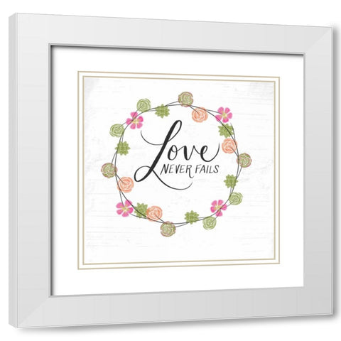 Love Never Fails White Modern Wood Framed Art Print with Double Matting by Doucette, Katie