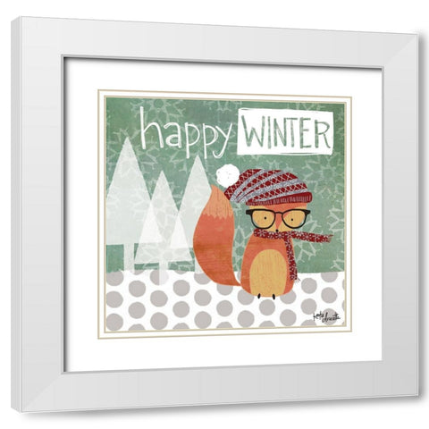 Happy Winter Fox White Modern Wood Framed Art Print with Double Matting by Doucette, Katie