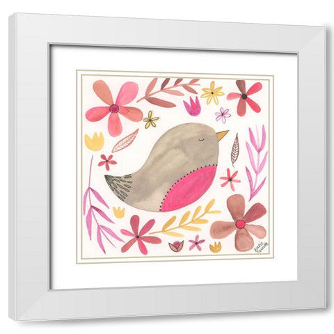 Pink bird White Modern Wood Framed Art Print with Double Matting by Doucette, Katie