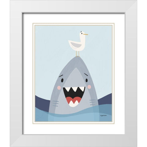 Happy Shark White Modern Wood Framed Art Print with Double Matting by Brown, Kyra