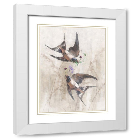 Playful Swallows White Modern Wood Framed Art Print with Double Matting by Blue, Nina