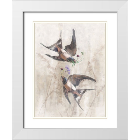 Playful Swallows White Modern Wood Framed Art Print with Double Matting by Blue, Nina