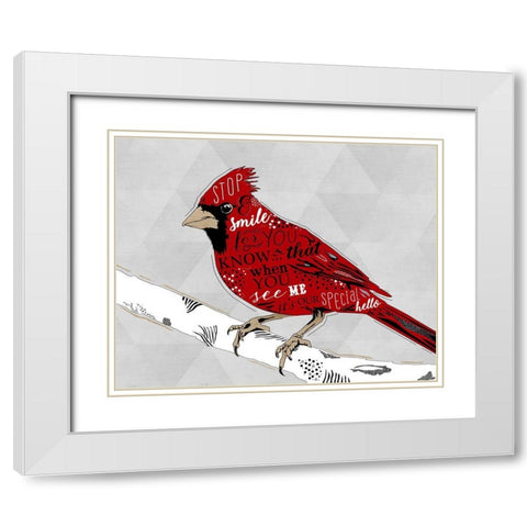Cardinal Hello White White Modern Wood Framed Art Print with Double Matting by Longfellow Designs