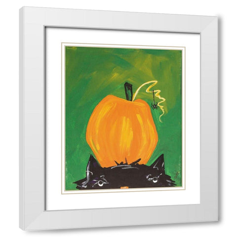 Cat and Pumpkin White Modern Wood Framed Art Print with Double Matting by Strong, Molly Susan