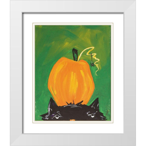 Cat and Pumpkin White Modern Wood Framed Art Print with Double Matting by Strong, Molly Susan