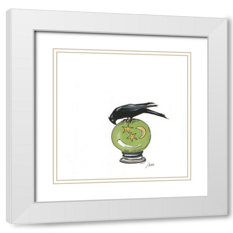 Crystal Ball Raven White Modern Wood Framed Art Print with Double Matting by Strong, Molly Susan