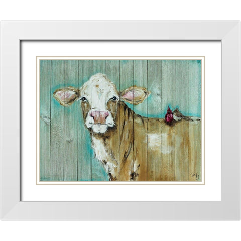 Cow and Bird Pals White Modern Wood Framed Art Print with Double Matting by Strong, Molly Susan