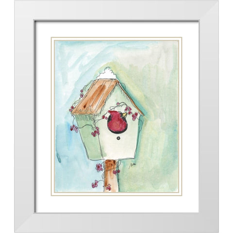 Birdhouse Cardinal White Modern Wood Framed Art Print with Double Matting by Strong, Molly Susan