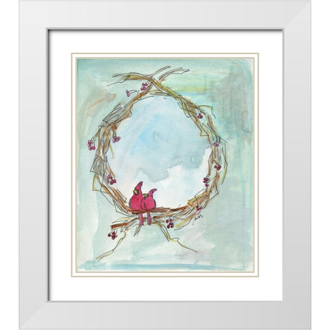 Cardinal Wreath White Modern Wood Framed Art Print with Double Matting by Strong, Molly Susan