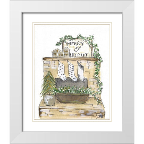Merry and Bright Fireplace White Modern Wood Framed Art Print with Double Matting by Strong, Molly Susan