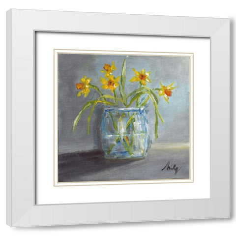 Daffodils II White Modern Wood Framed Art Print with Double Matting by Strong, Molly Susan