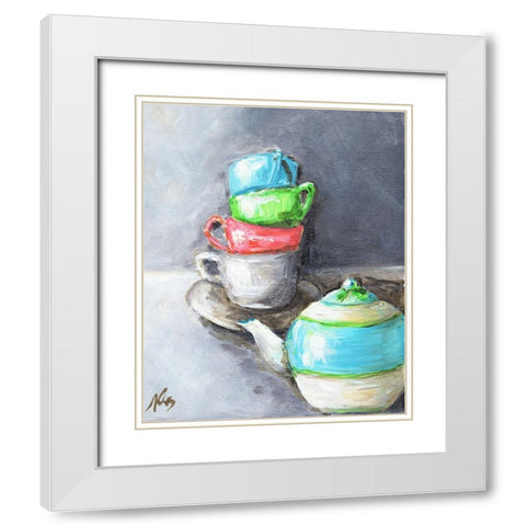 Tea Cup Stack White Modern Wood Framed Art Print with Double Matting by Strong, Molly Susan