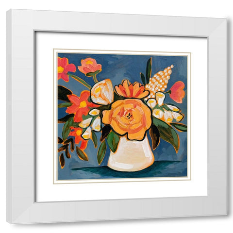 Floral on Blue II White Modern Wood Framed Art Print with Double Matting by Rupp, Mariah