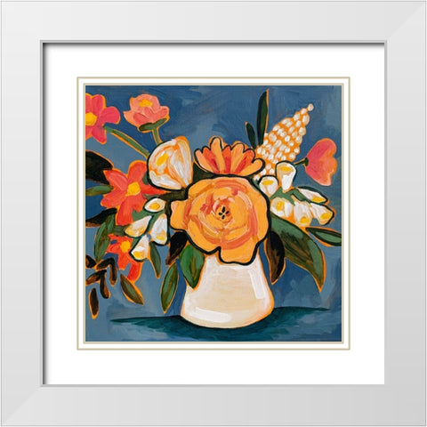 Floral on Blue II White Modern Wood Framed Art Print with Double Matting by Rupp, Mariah