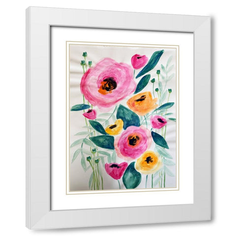 Pink Flowers White Modern Wood Framed Art Print with Double Matting by Rupp, Mariah