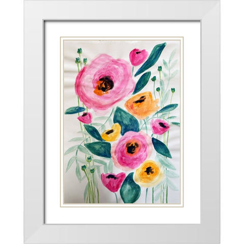 Pink Flowers White Modern Wood Framed Art Print with Double Matting by Rupp, Mariah