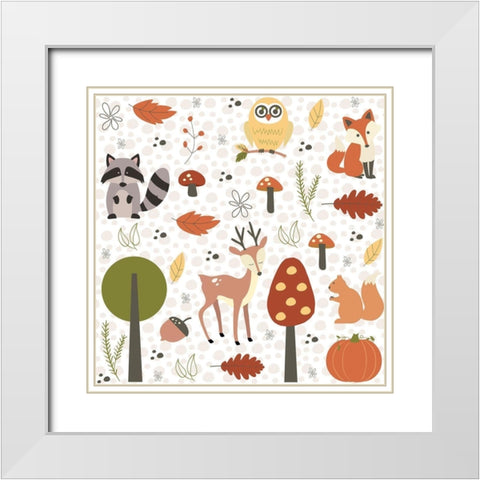 Fall Tree and Animal Pattern White Modern Wood Framed Art Print with Double Matting by ND Art and Design