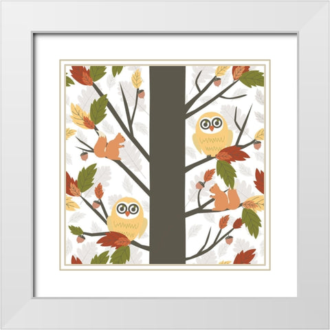 Fall Owls in a Tree White Modern Wood Framed Art Print with Double Matting by ND Art and Design