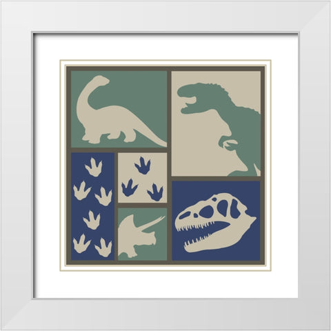 Dino Collage White Modern Wood Framed Art Print with Double Matting by ND Art and Design