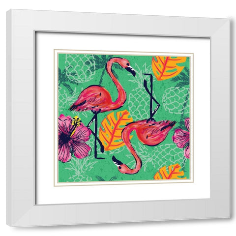 Tropical Flamingo Pattern White Modern Wood Framed Art Print with Double Matting by ND Art and Design