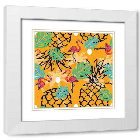 Tropical Pineapple Pattern White Modern Wood Framed Art Print with Double Matting by ND Art and Design