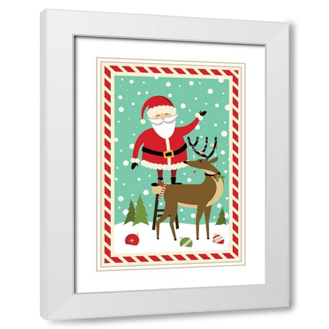 Santa and Reindeer White Modern Wood Framed Art Print with Double Matting by ND Art
