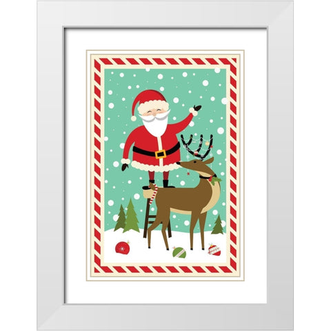 Santa and Reindeer White Modern Wood Framed Art Print with Double Matting by ND Art