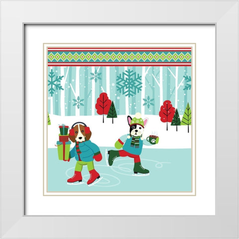 Winter Pet Ice Skating White Modern Wood Framed Art Print with Double Matting by ND Art