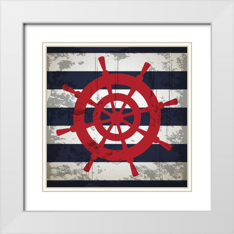 Ship Wheel White Modern Wood Framed Art Print with Double Matting by ND Art