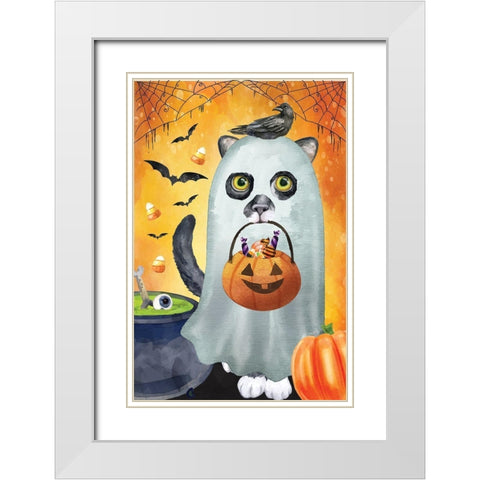 Ghost Cat White Modern Wood Framed Art Print with Double Matting by ND Art