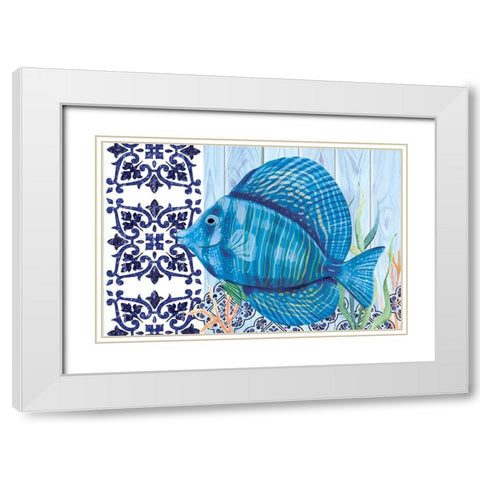 Blue Fish White Modern Wood Framed Art Print with Double Matting by ND Art