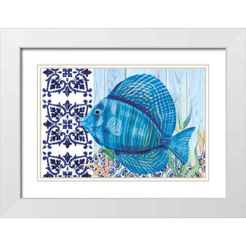 Blue Fish White Modern Wood Framed Art Print with Double Matting by ND Art