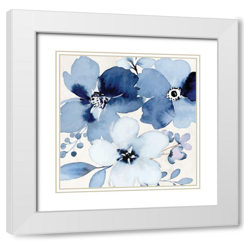 Cobalt Blossoms White Modern Wood Framed Art Print with Double Matting by ND Art